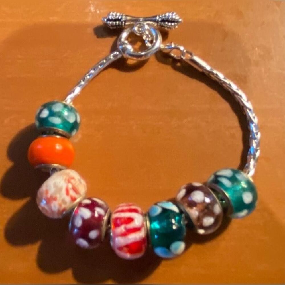 Multicolor Glass Beaded Charm Bracelet Toggle Clasp Womens 6.5" Jewelry